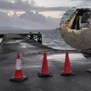 Portencross Pier coned off - and damage inset