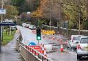 Traffic lights at the scene of flooding on the A78 near the entrance to Largs Yacht Haven