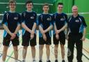 Largs BB Badminon team ... Luke Caddenhead, Johnathan Welsh, Euan Randall, Lewis Robinson, and John Kent ( coach).