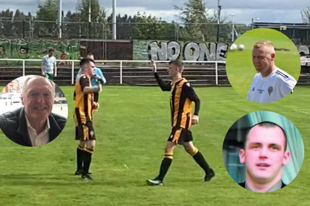 George Wall is predicting a cracker this weekend - with Largs manager Stuart Davidson (top right) and Kilbirnie boss Tom Molloy (bottom right) - with Will Sewell looking to carry on from where he left off last week in his good goalscoring form - centre.