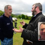 Sam Torrance, pictured here in conversation with News reporter Calum Corral at a pro-am tournament at Largs Golf Club in 2016, recorded a special message of congratulations for long-serving club greenkeeper Ian Barr (inset)