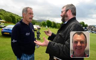 Sam Torrance, pictured here in conversation with News reporter Calum Corral at a pro-am tournament at Largs Golf Club in 2016, recorded a special message of congratulations for long-serving club greenkeeper Ian Barr (inset)
